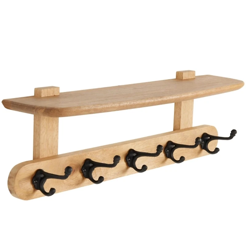 Natural Wood Wall Shelf with Hooks