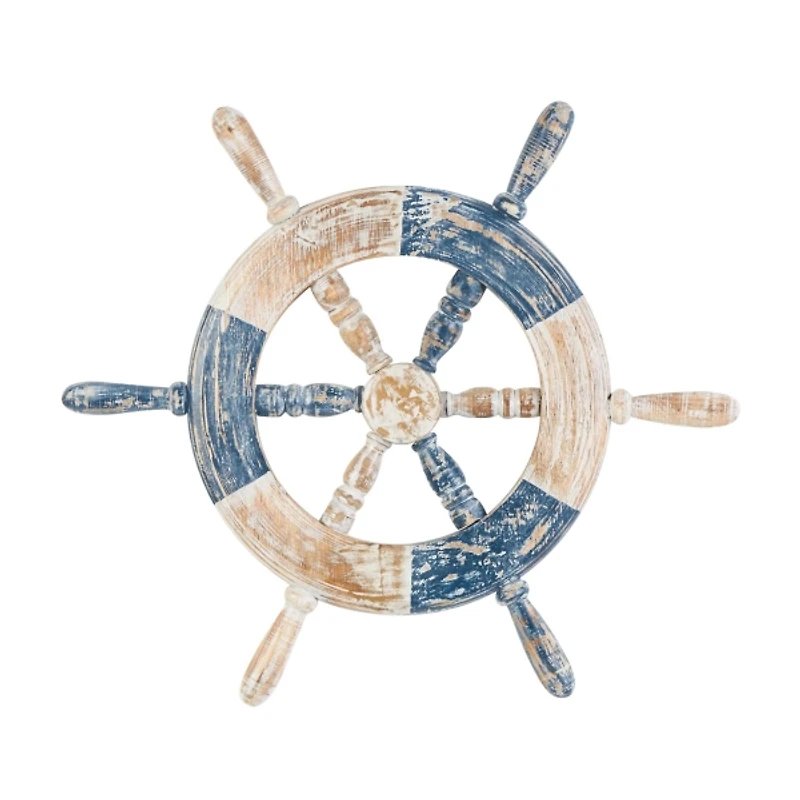 Blue and White Ship Wheel Wall Plaque
