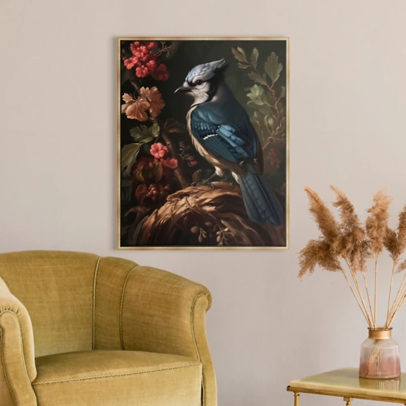 Blue Jay Floral Dutch Framed Canvas Art Print