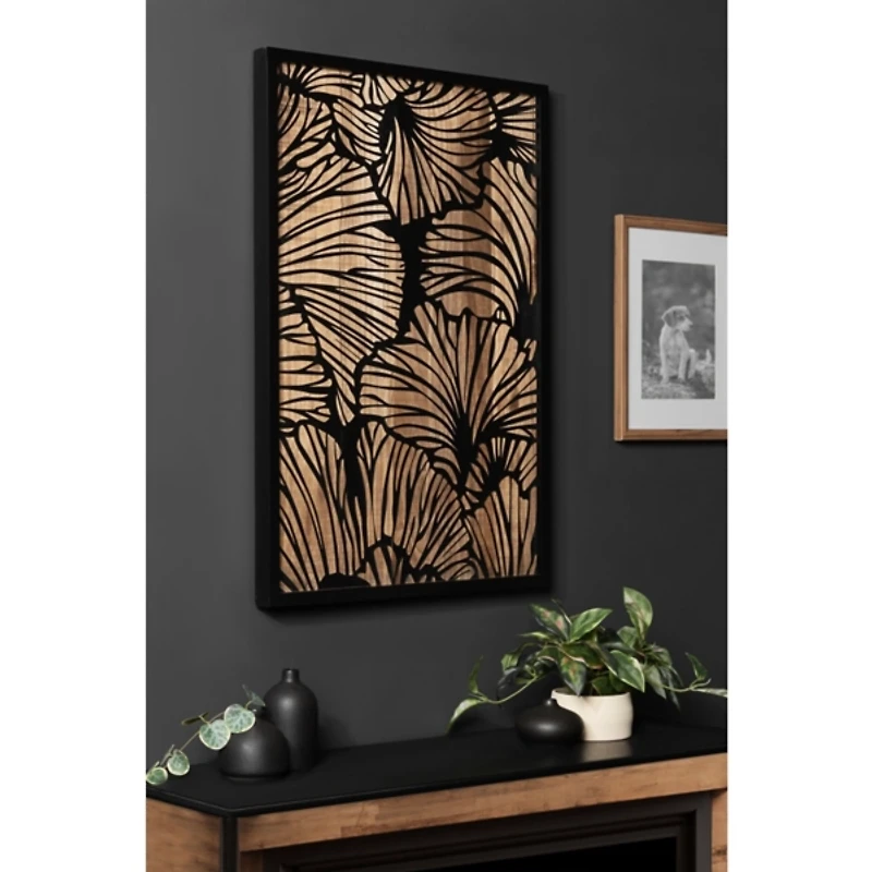 Black and Natural Wood Botanical Wall Plaque