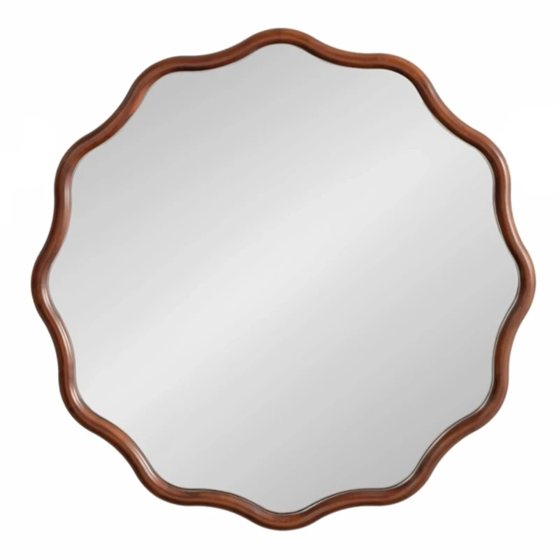 Walnut Brown Wavy Scallop Round Wall Mirror