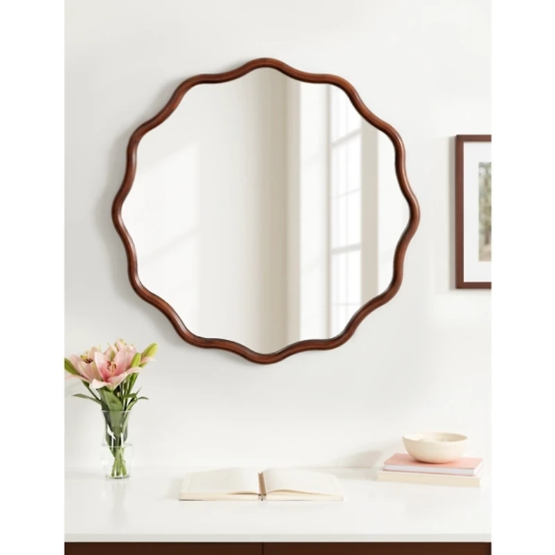 Walnut Brown Wavy Scallop Round Wall Mirror