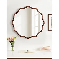 Walnut Brown Wavy Scallop Round Wall Mirror