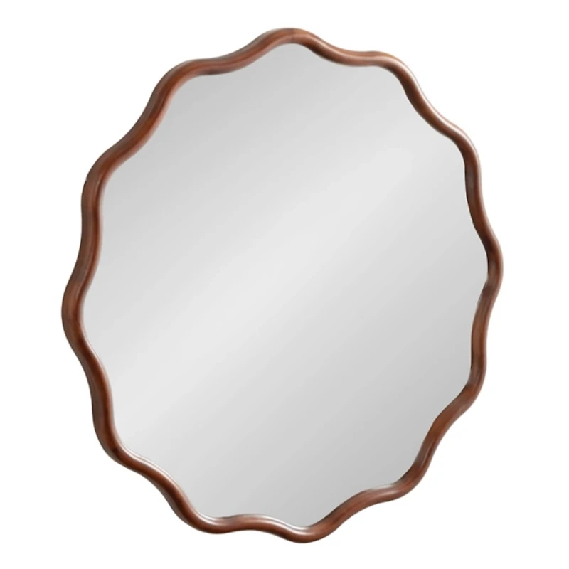 Walnut Brown Wavy Scallop Round Wall Mirror