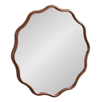 Walnut Brown Wavy Scallop Round Wall Mirror