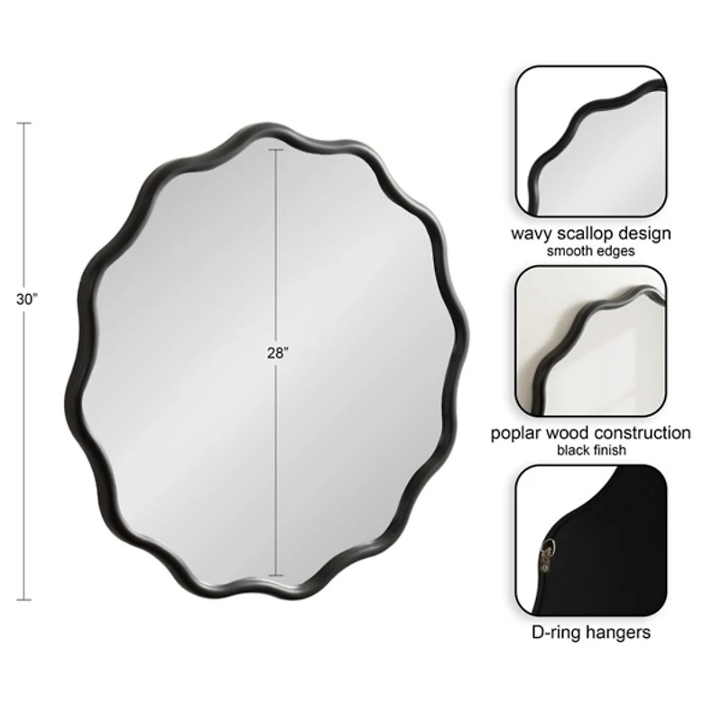 Black Wavy Scallop Round Wall Mirror