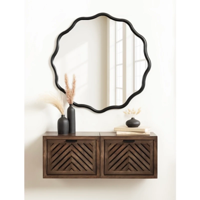 Black Wavy Scallop Round Wall Mirror