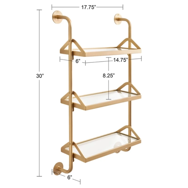Gold Metal and Glass 3-Tier Wall Shelf