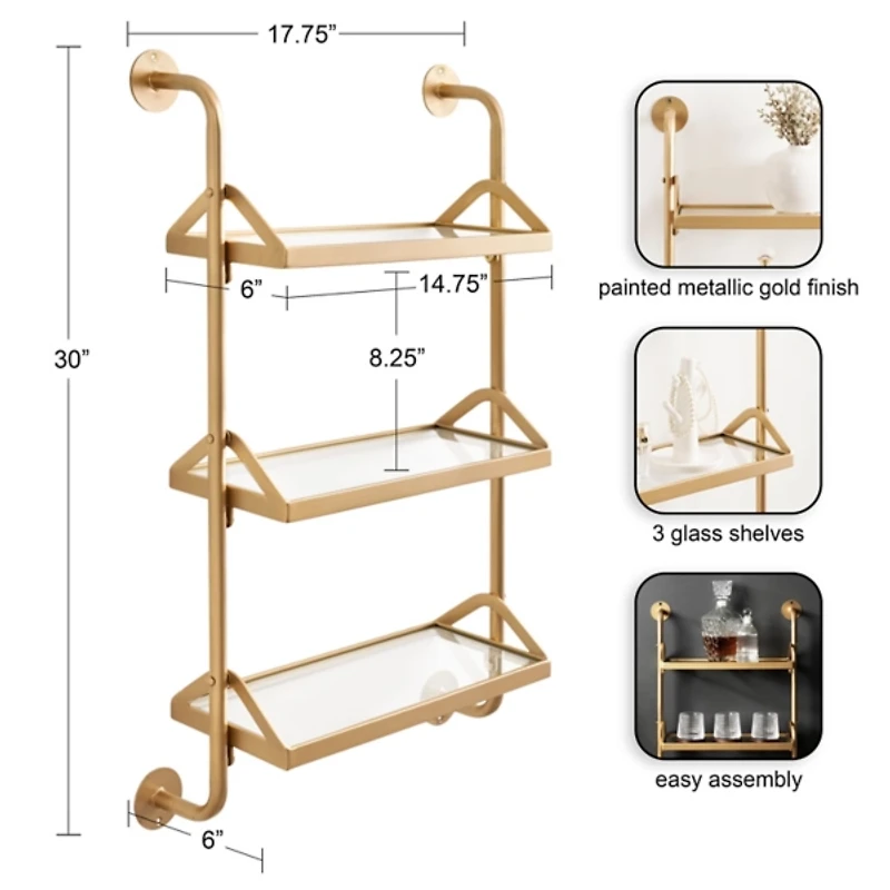 Gold Metal and Glass 3-Tier Wall Shelf