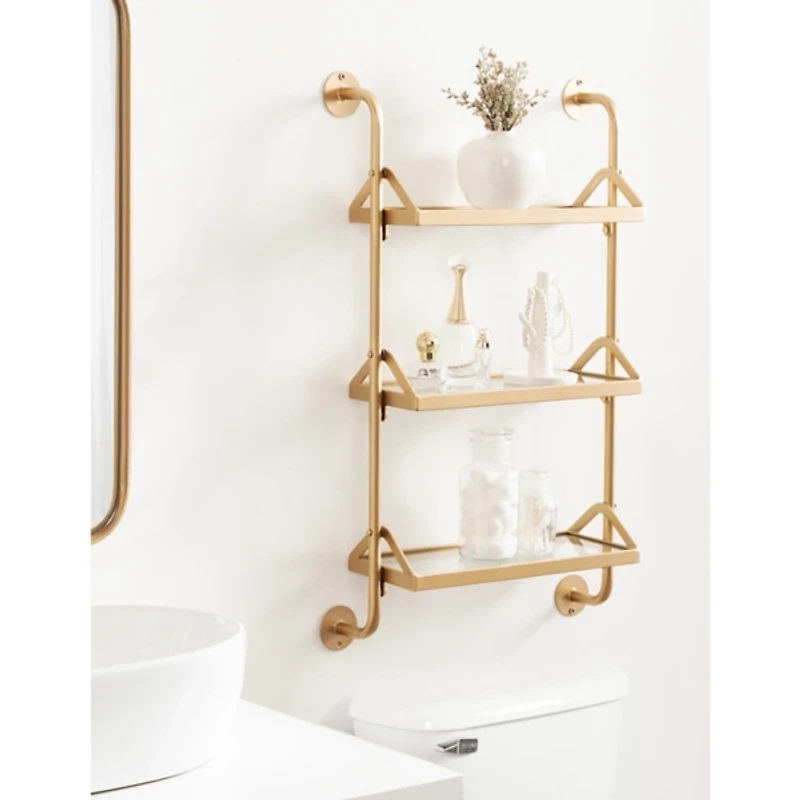 Gold Metal and Glass 3-Tier Wall Shelf