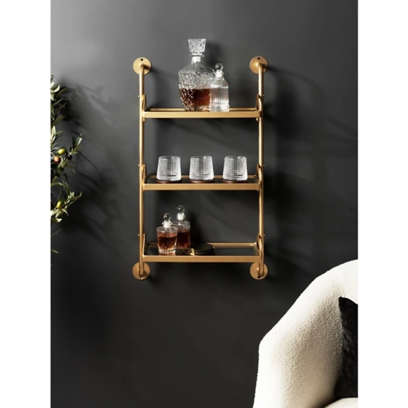 Gold Metal and Glass 3-Tier Wall Shelf