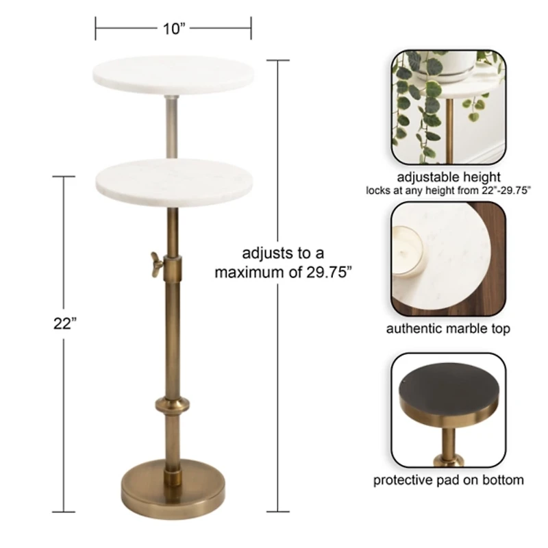 Antique Brass and White Marble Adjustable Table