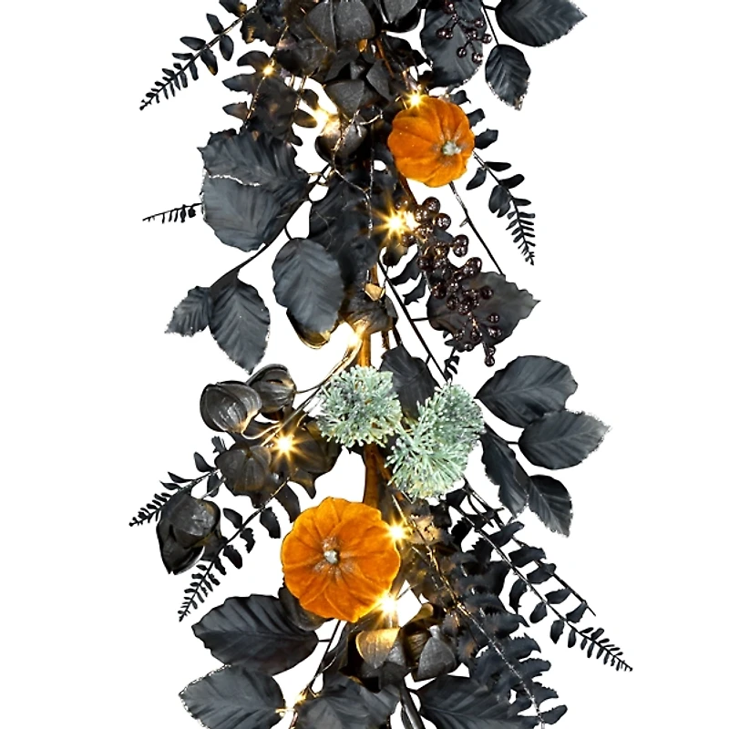 Pre-Lit Pumpkin and Black Leaf Garland