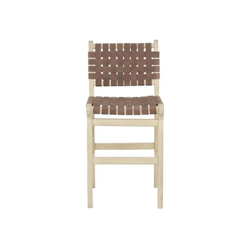 Brown Woven Leather Wooden Counter Stool