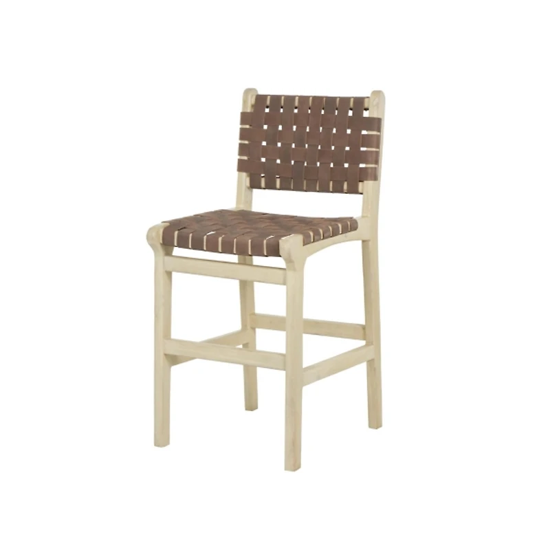 Brown Woven Leather Wooden Counter Stool