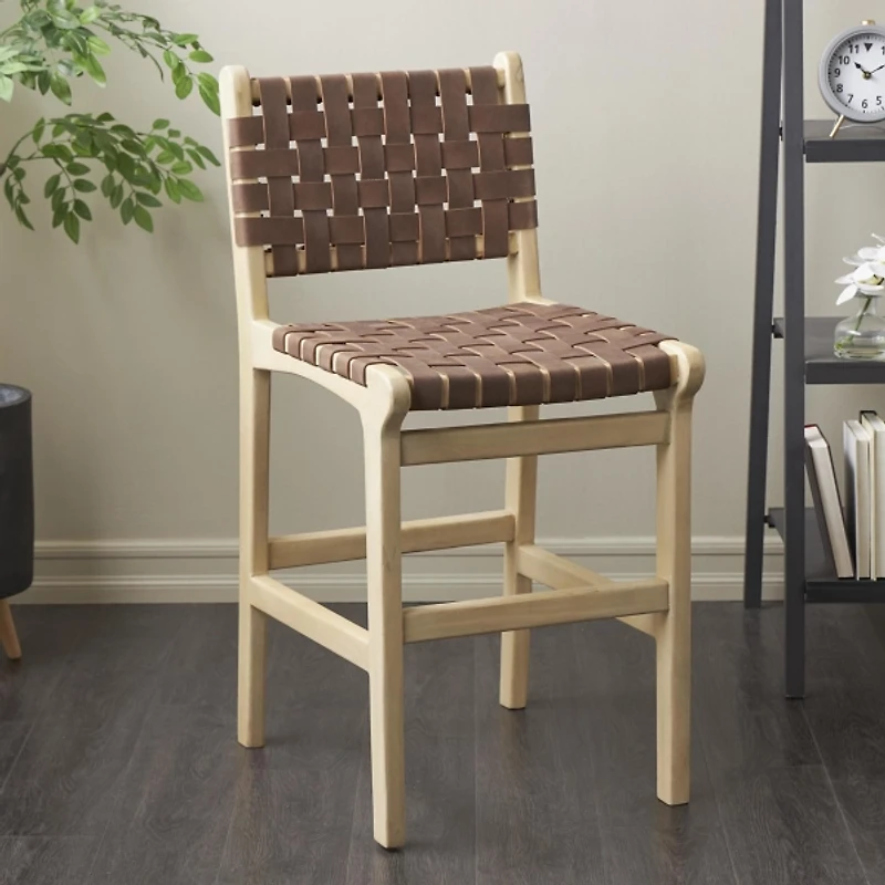 Brown Woven Leather Wooden Counter Stool