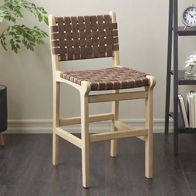 Brown Woven Leather Wooden Counter Stool