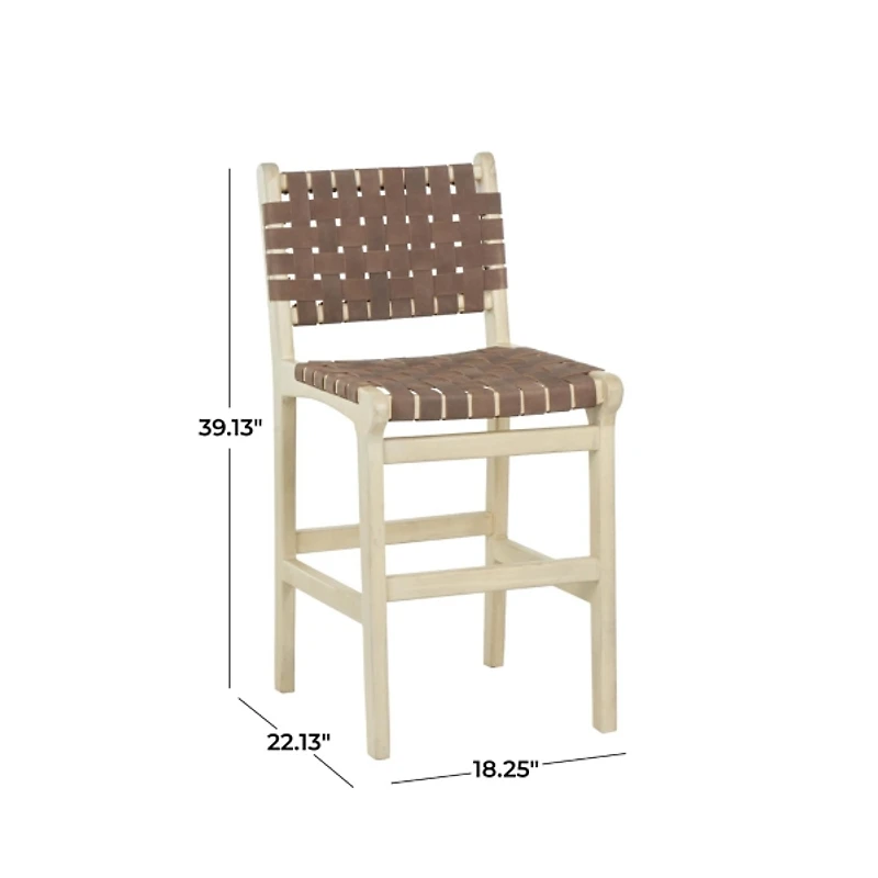 Brown Woven Leather Wooden Counter Stool