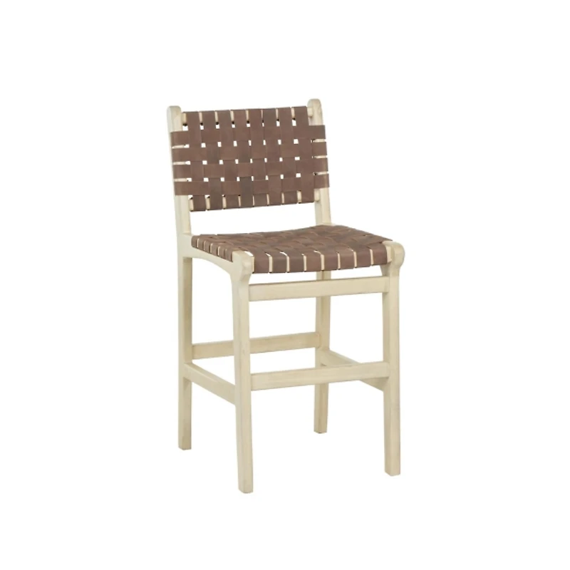 Brown Woven Leather Wooden Counter Stool