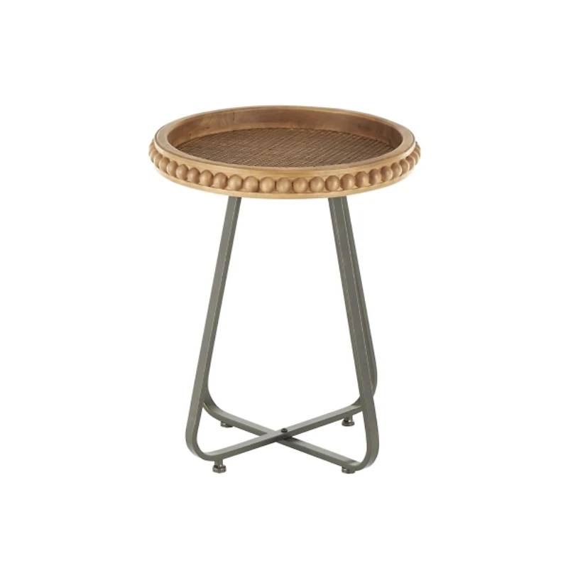 Beaded Wood Rattan Round Accent Table