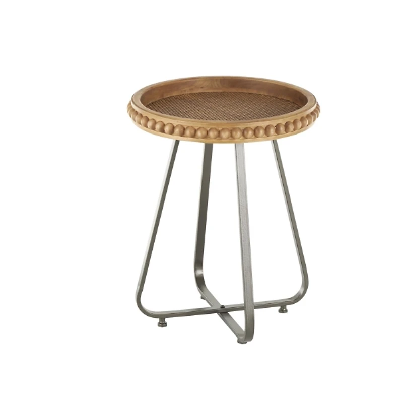 Beaded Wood Rattan Round Accent Table
