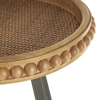 Beaded Wood Rattan Round Accent Table