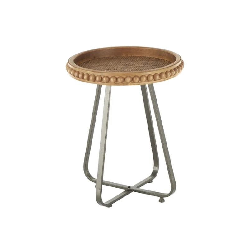 Beaded Wood Rattan Round Accent Table