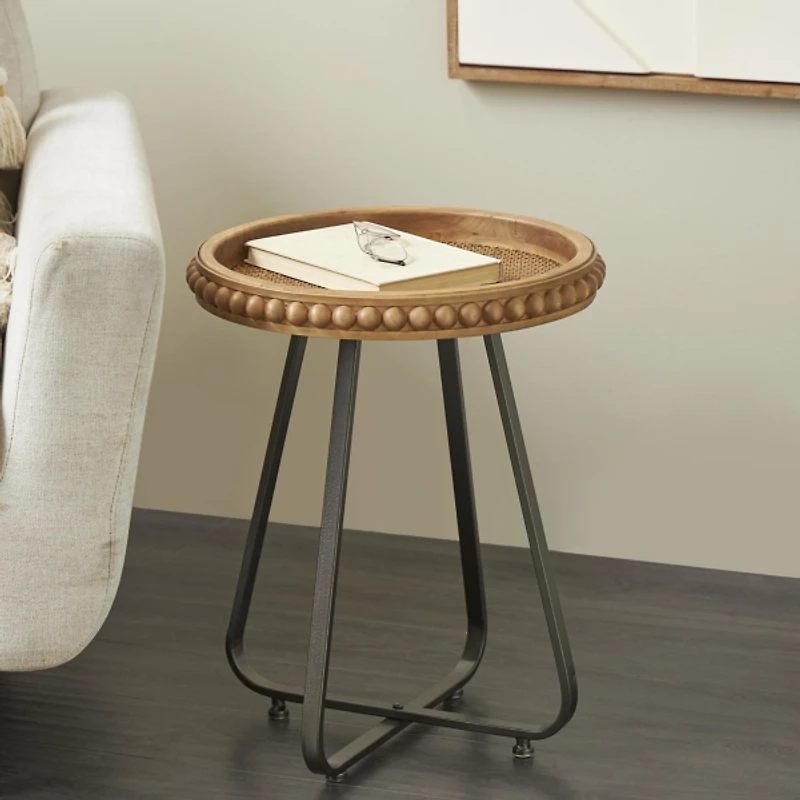 Beaded Wood Rattan Round Accent Table