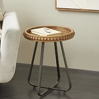 Beaded Wood Rattan Round Accent Table