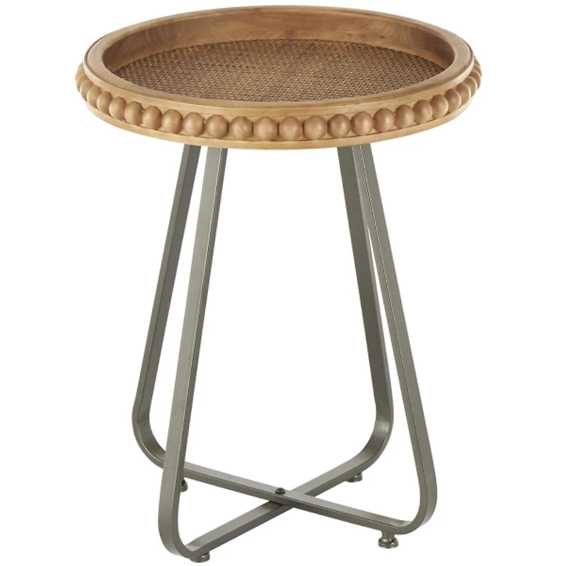 Beaded Wood Rattan Round Accent Table