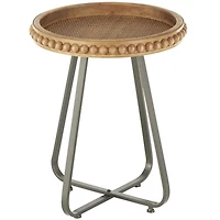 Beaded Wood Rattan Round Accent Table