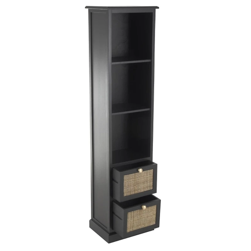 Black Wood and Rattan 3-Tier Bookcase