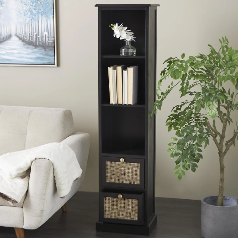 Black Wood and Rattan 3-Tier Bookcase