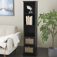 Black Wood and Rattan 3-Tier Bookcase