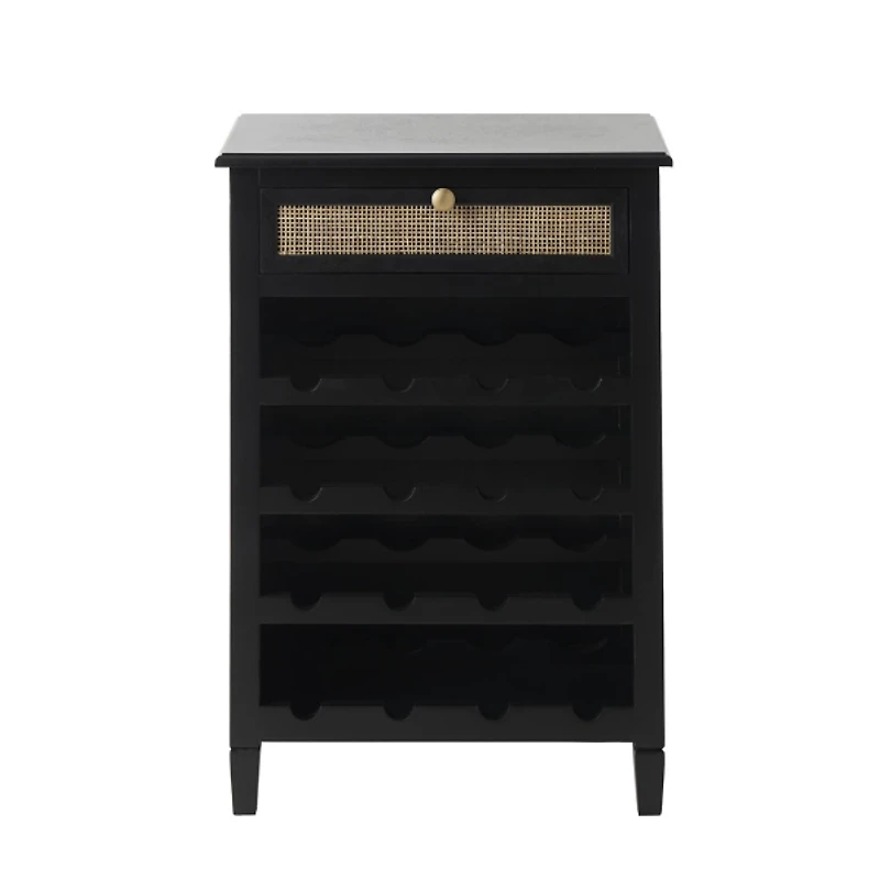 Black Wood & Natural Rattan Wine Bottle Cabinet