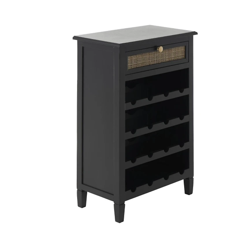 Black Wood & Natural Rattan Wine Bottle Cabinet