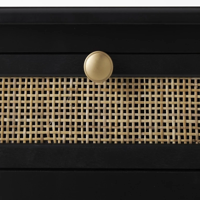 Black Wood & Natural Rattan Wine Bottle Cabinet