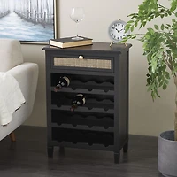 Black Wood & Natural Rattan Wine Bottle Cabinet
