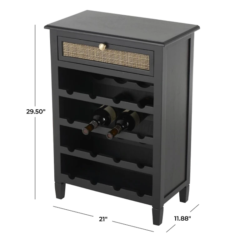 Black Wood & Natural Rattan Wine Bottle Cabinet