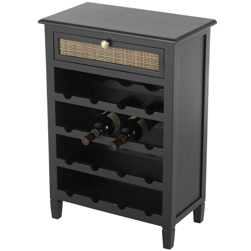 Black Wood & Natural Rattan Wine Bottle Cabinet