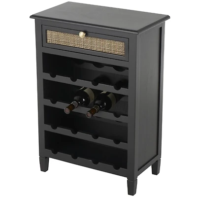 Black Wood & Natural Rattan Wine Bottle Cabinet