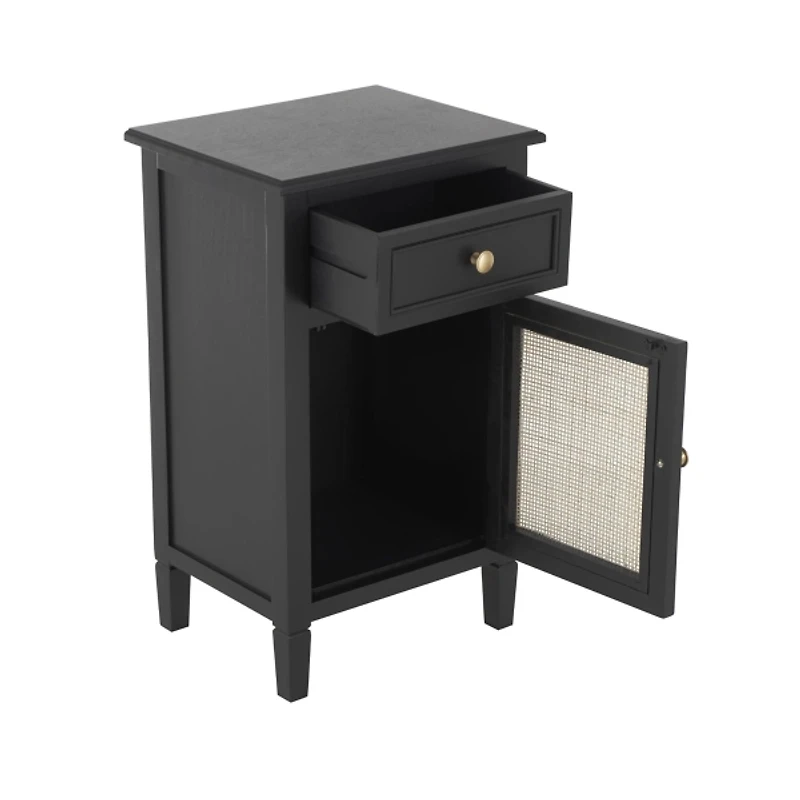 Black Wood & Natural Rattan Small Cabinet