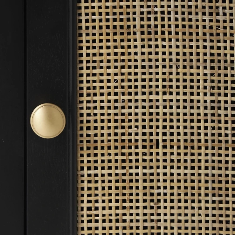 Black Wood & Natural Rattan Small Cabinet