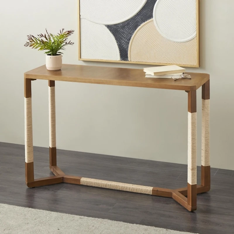 Brown Wood and Rope Geometric Console Table
