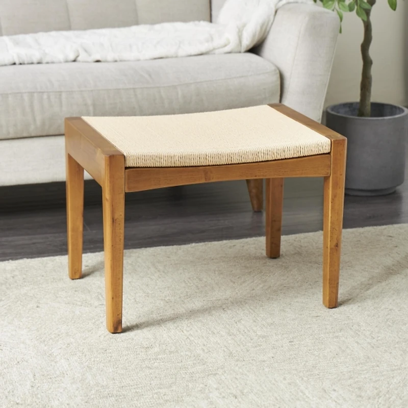 Woven Rope and Birch Wood Stool Ottoman