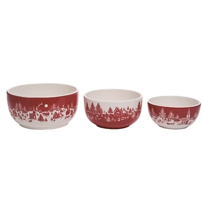 Red & White Toile Christmas Bowls, Set of 3