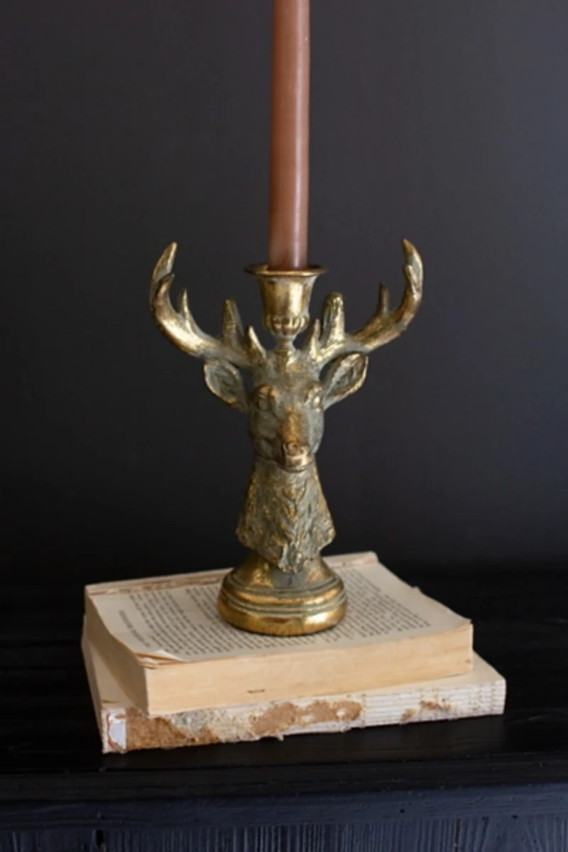 Distressed Gold Deer Christmas Taper Candle Holder