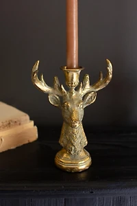 Distressed Gold Deer Christmas Taper Candle Holder