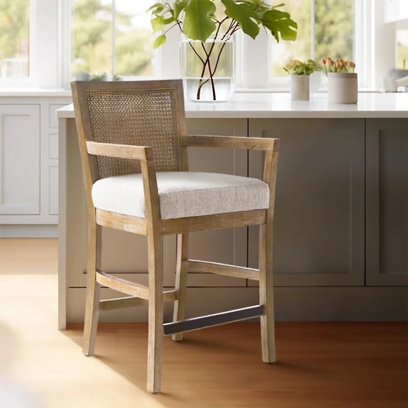 Ivory Upholstered Cane Backrest Counter Stool