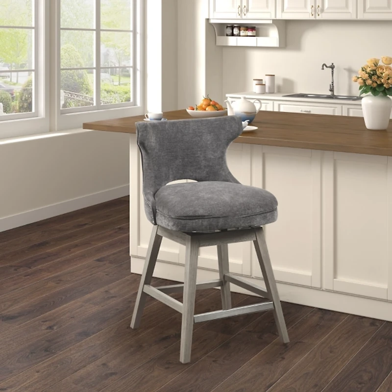 Gray Upholstered Wood Swivel Counter Stool